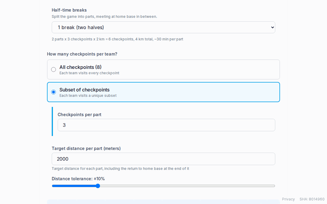 Half-time breaks set to “1 break (two halves)”, with a summary reading “2 parts x 3 checkpoints x 2 km = 6 checkpoints, 4 km total, ~30 min per part”, and the checkpoint and distance fields relabelled per part.
