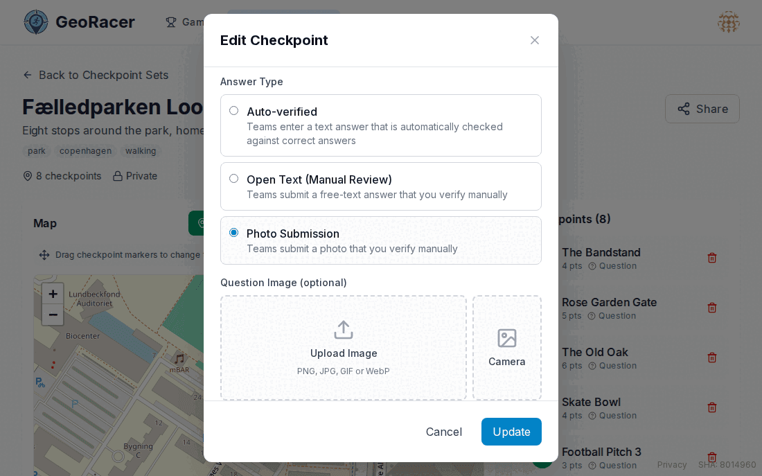Edit Checkpoint dialog showing the Answer Type options: Auto-verified, Open Text, and Photo Submission, with Photo Submission selected revealing an image upload field.