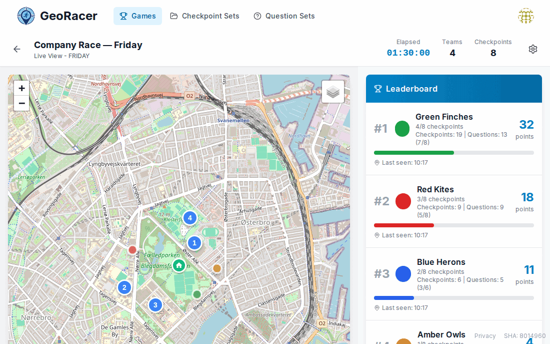 Live View map showing a satellite map with numbered checkpoint pins, elapsed time, a leaderboard, and game status Active.