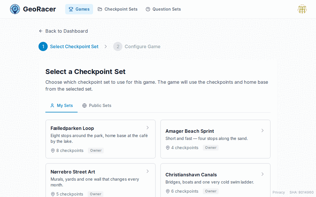 Select a Checkpoint Set step of the new game wizard, showing the manager’s own checkpoint sets as selectable cards.