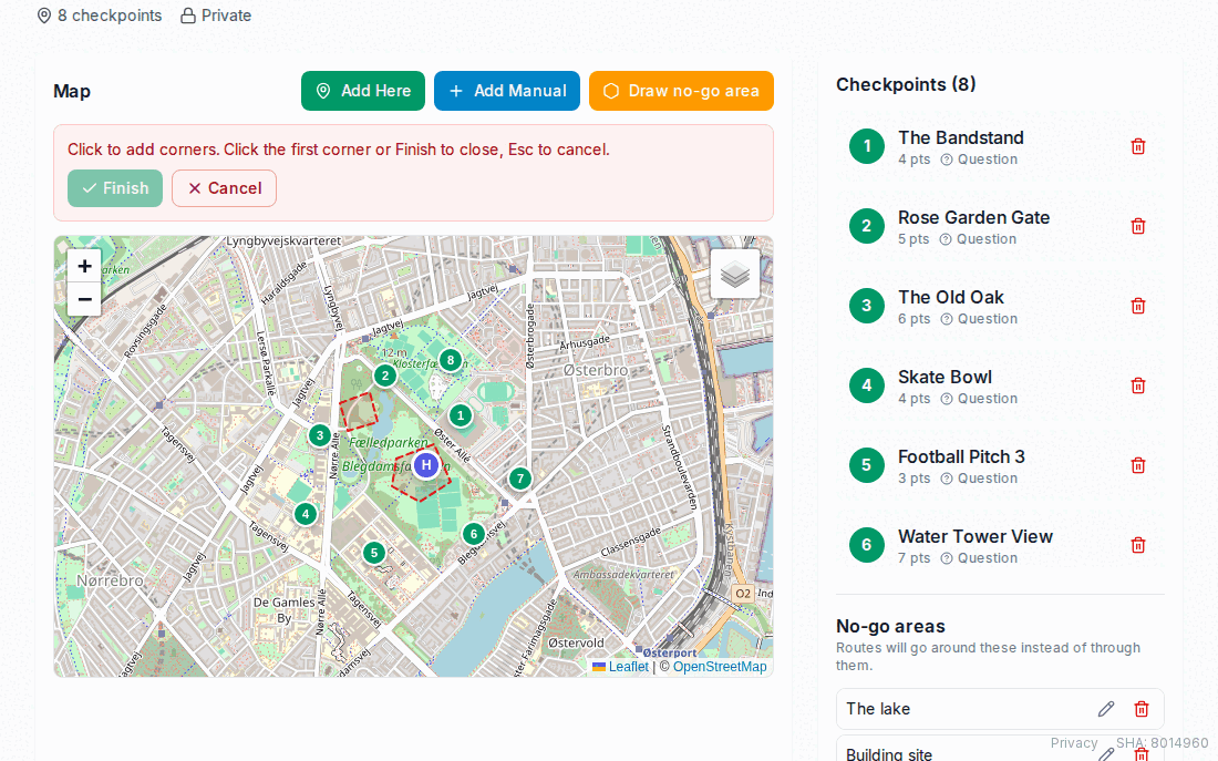 Checkpoint set map in drawing mode, with the hint “Click to add corners. Click the first corner or Finish to close, Esc to cancel”, two finished no-go areas outlined in red on the map, and a No-go areas list in the sidebar.