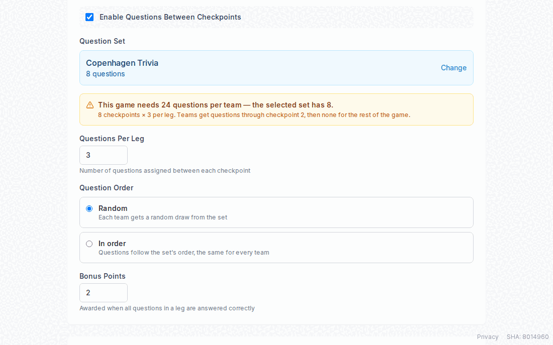 Questions Between Checkpoints section with a question set selected, a warning that the game needs 24 questions per team but the set has 8, Questions Per Leg set to 3, Question Order, and Bonus Points set to 2.