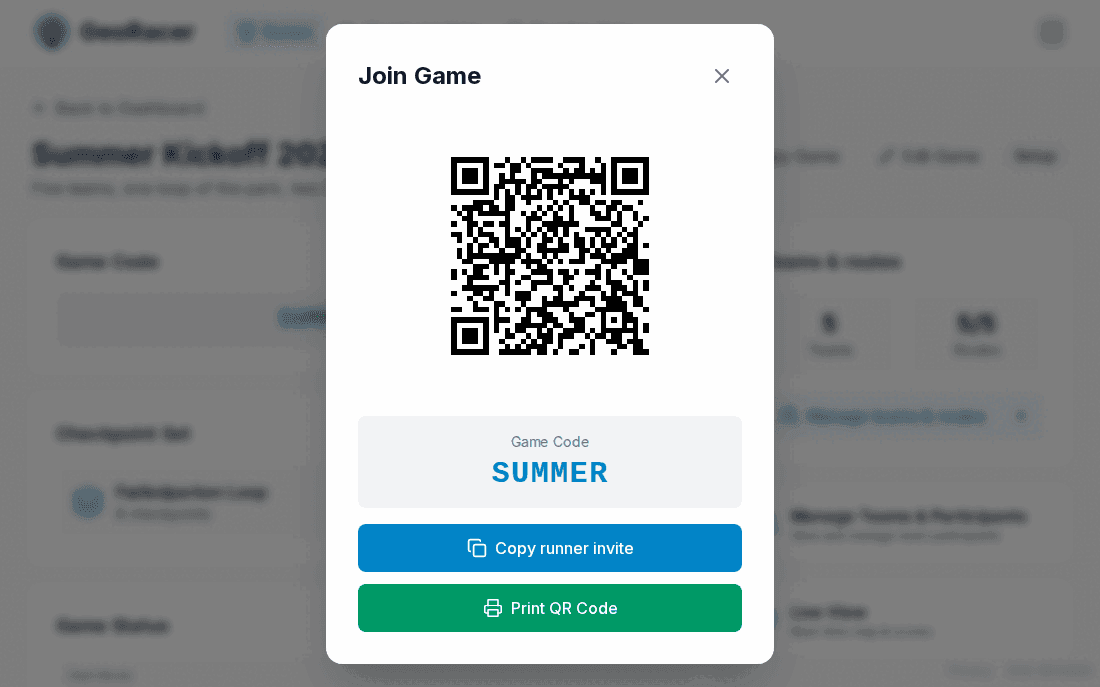 Join Game dialog showing a QR code, the game code SUMMER, a Copy runner invite button and a Print QR code button.