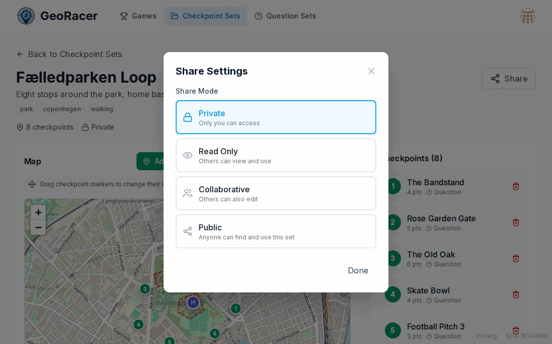 Share Settings dialog for a checkpoint set showing four share mode options: Private, Read Only, Collaborative, and Public.