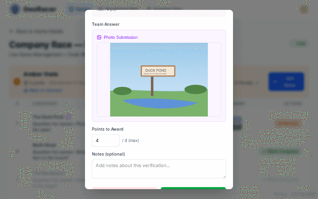View Submission modal showing the question text, points to award, a Verified badge, and the team’s submitted photo answer.
